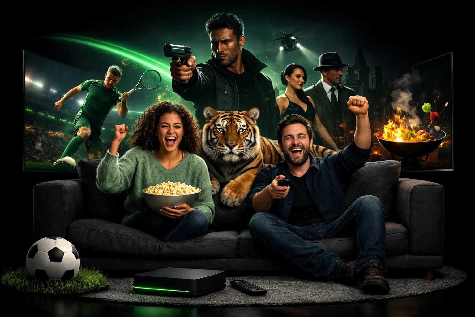Two friends cheering on a sofa in front of a streaming box, surrounded by football, tennis, action film, drama and cooking scenes